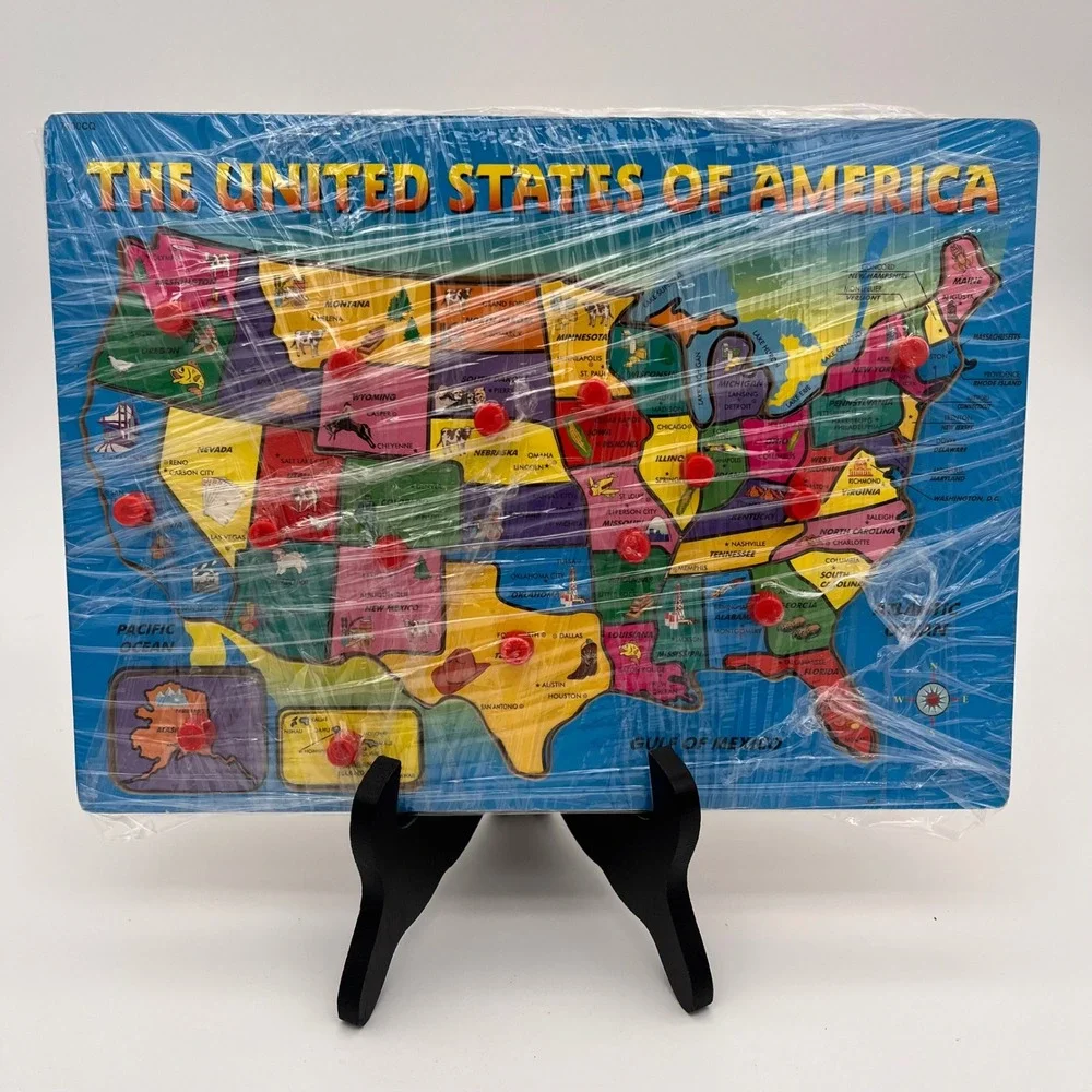 Wooden USA Map Peg Puzzle Educational United States Geography Toy for Kids